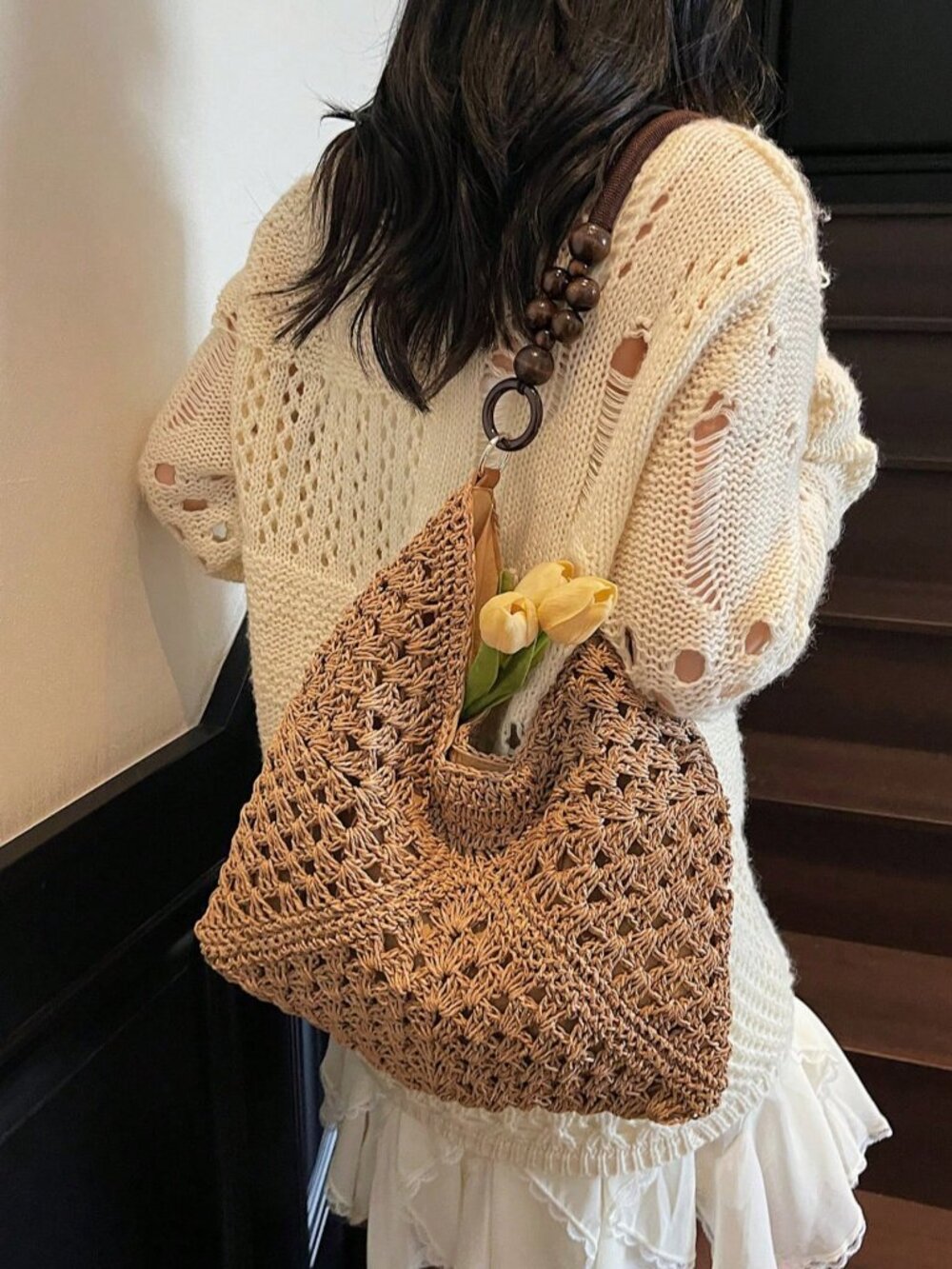 Khaki Casual Women's Crochet Hollow Patchwork Spacious Shoulder Bag - Picture 7 of 9